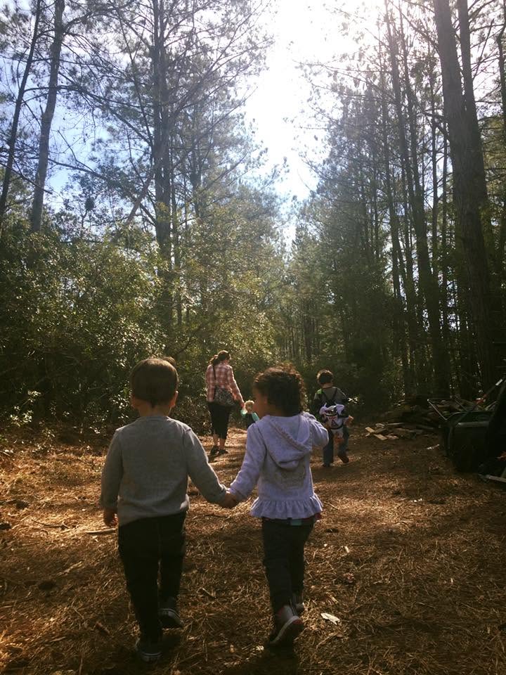 Kids holding hands on a sunlit walk through the pines with the co-op group ahead